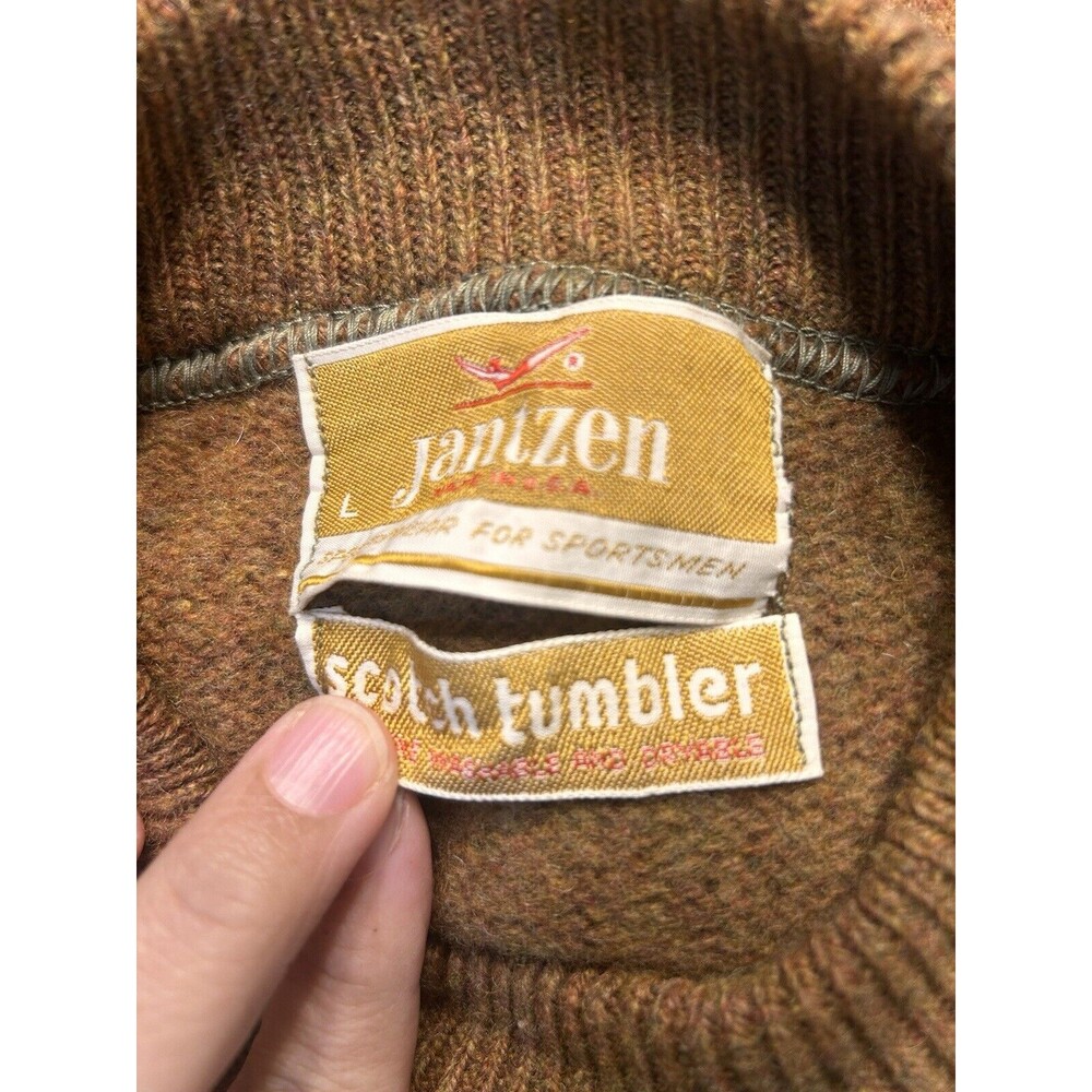 Vintage 80’s Jantzen Sweater Mens Large Tan Brown Wool Knit Crew Neck USA Made - Picture 2 of 4